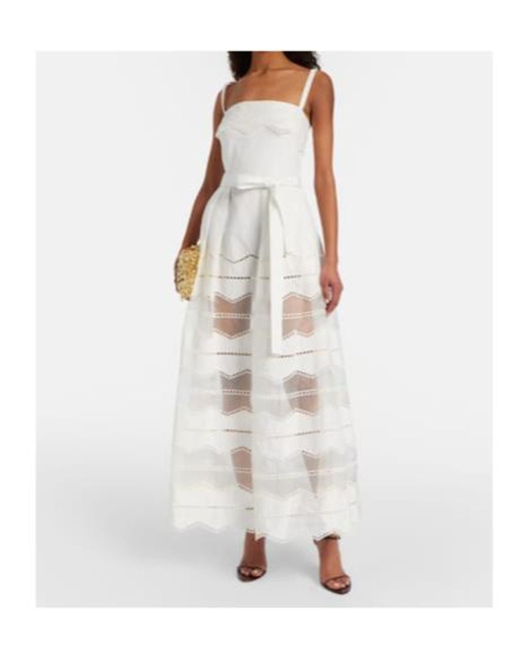 Elie Saab White Belted Organza-Trimmed Cotton Maxi Dress