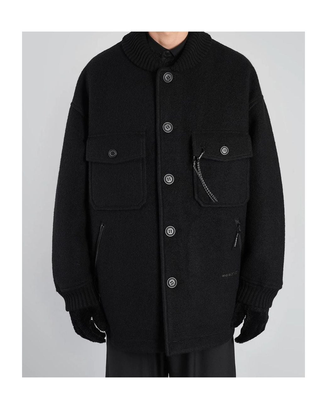 And Wander Black Ribbed-Knit-Collar Button-Up Coat for men