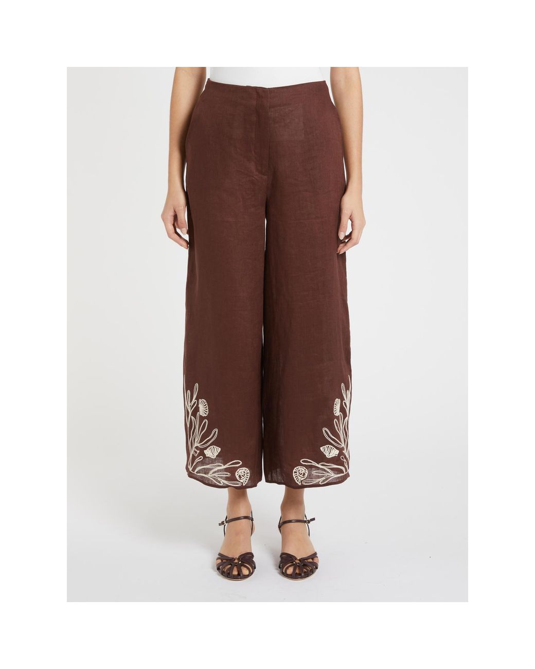 Marella Brown Embroidered Wide-Leg Pants