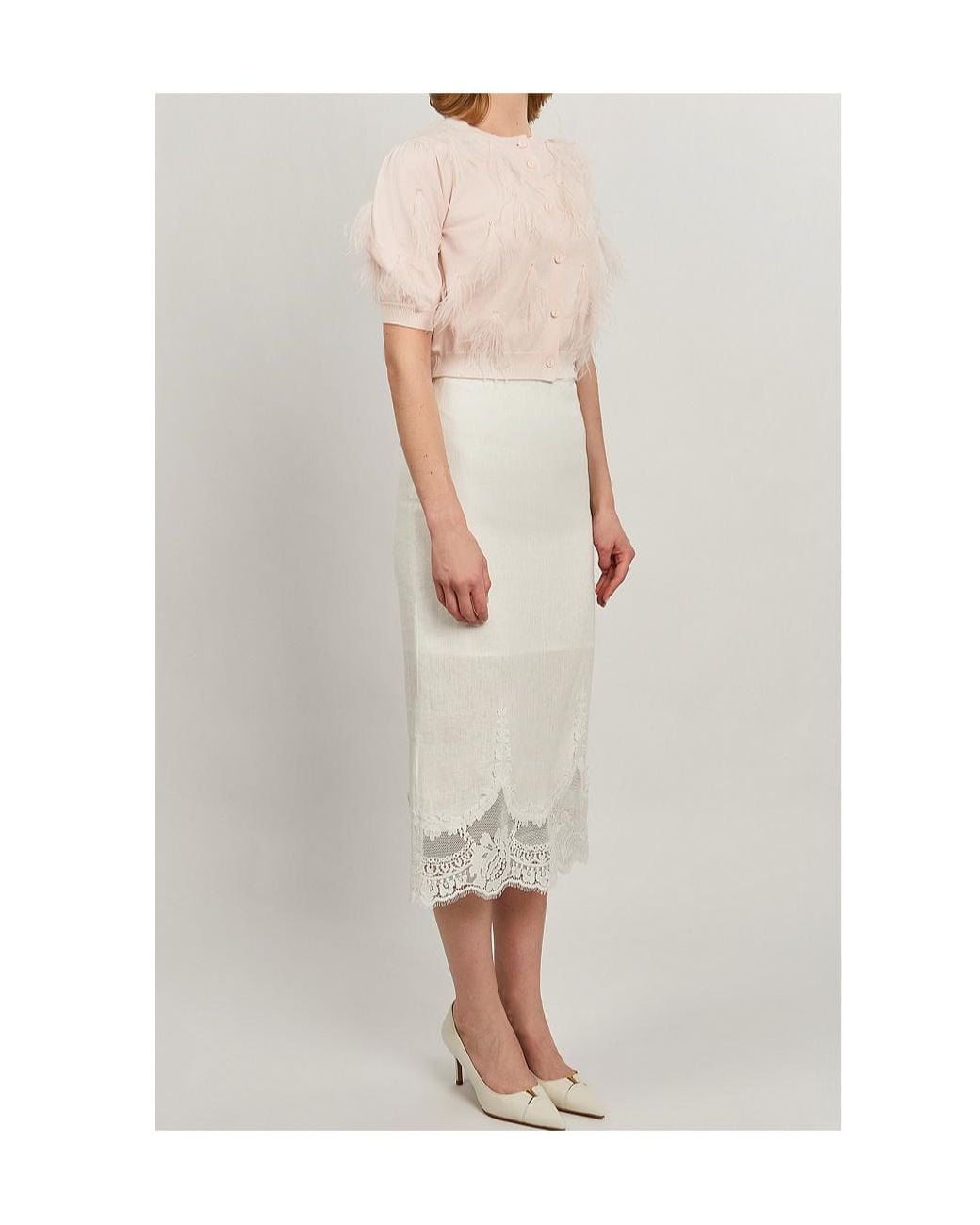 Twinset White Lace-Trim Pencil Midi Skirt