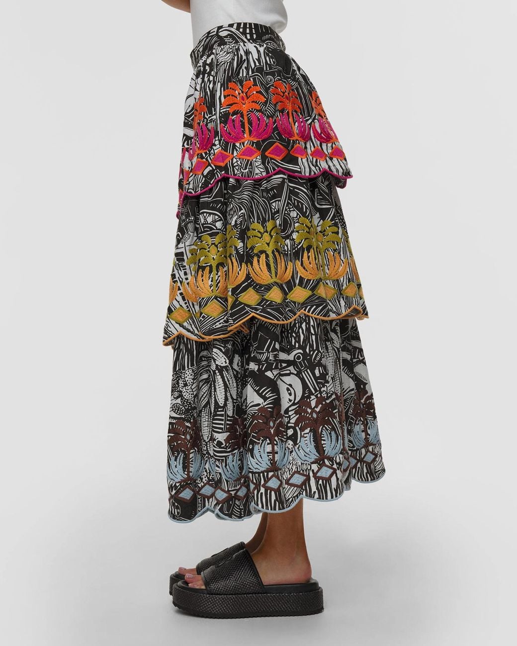 Farm Rio White Ruta Embroidered Ruffled Skirt