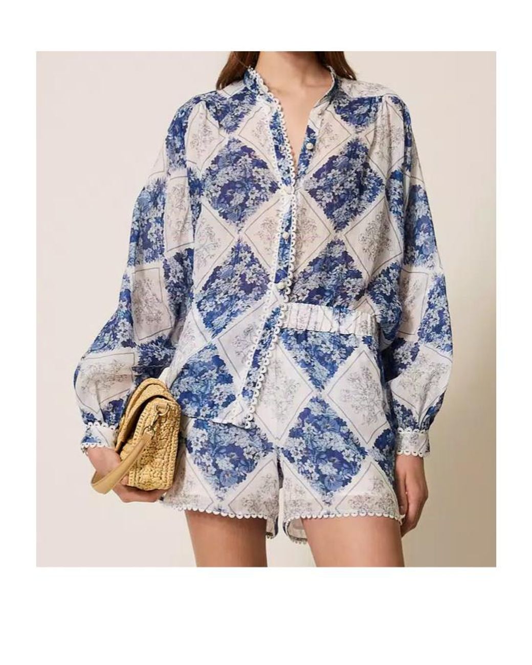 Twinset Blue Lace Trim Floral-Printed Shorts