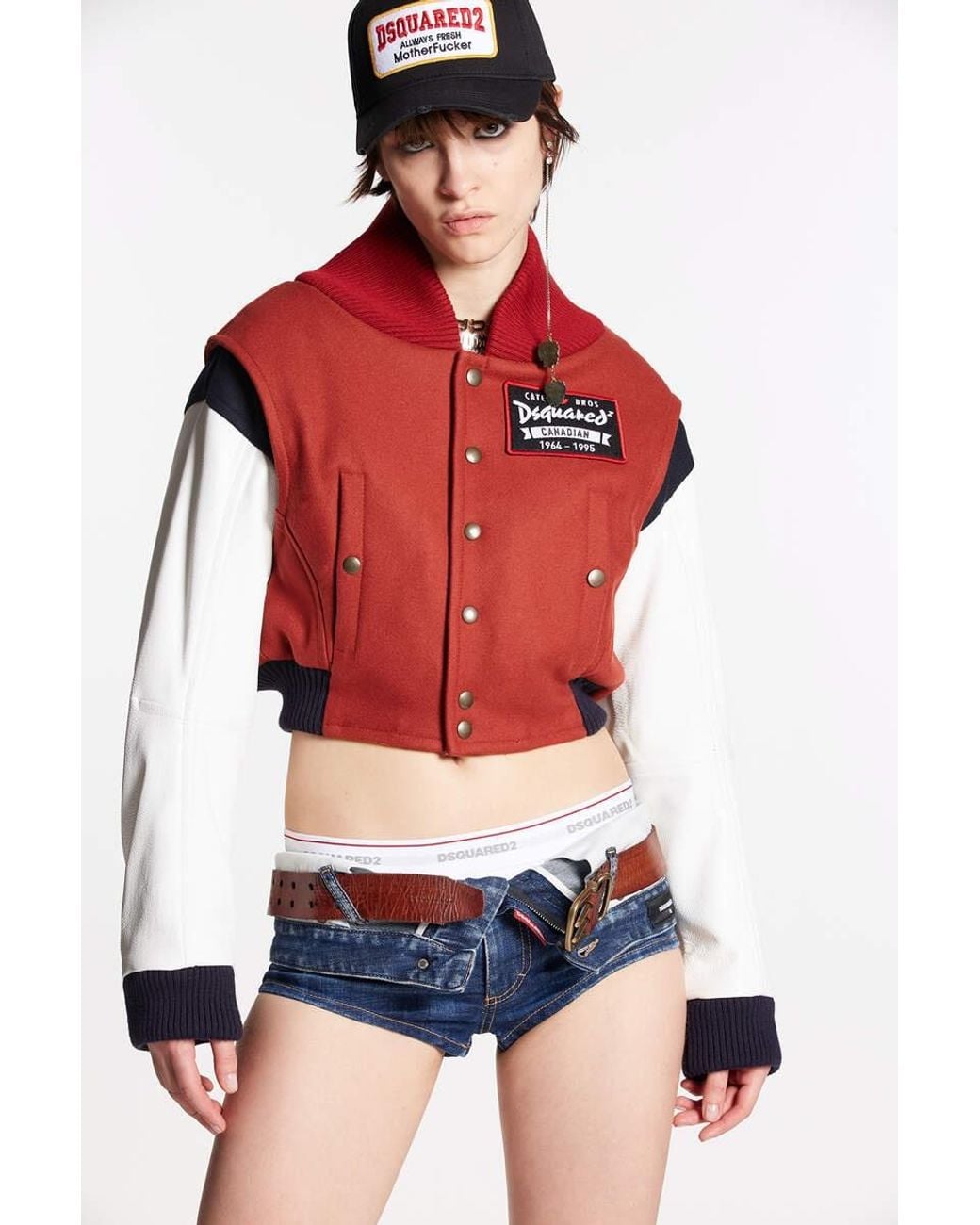 DSquared² Red Logo-Patch Panelled Bomber Jacket