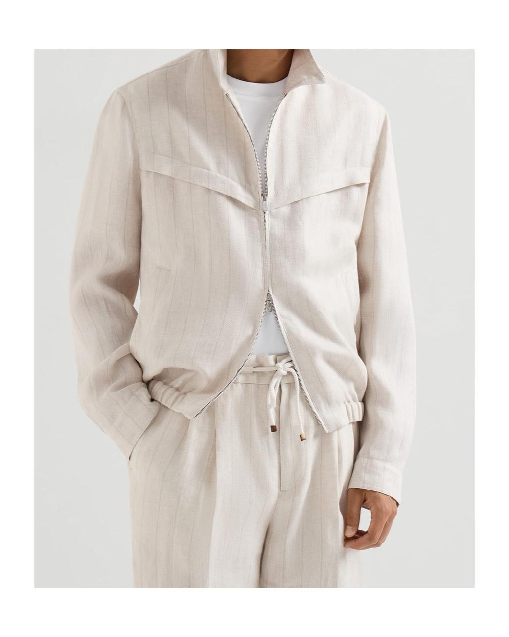 Brunello Cucinelli White Linen Chalk Stripe Chevron Outerwear Jacket for men