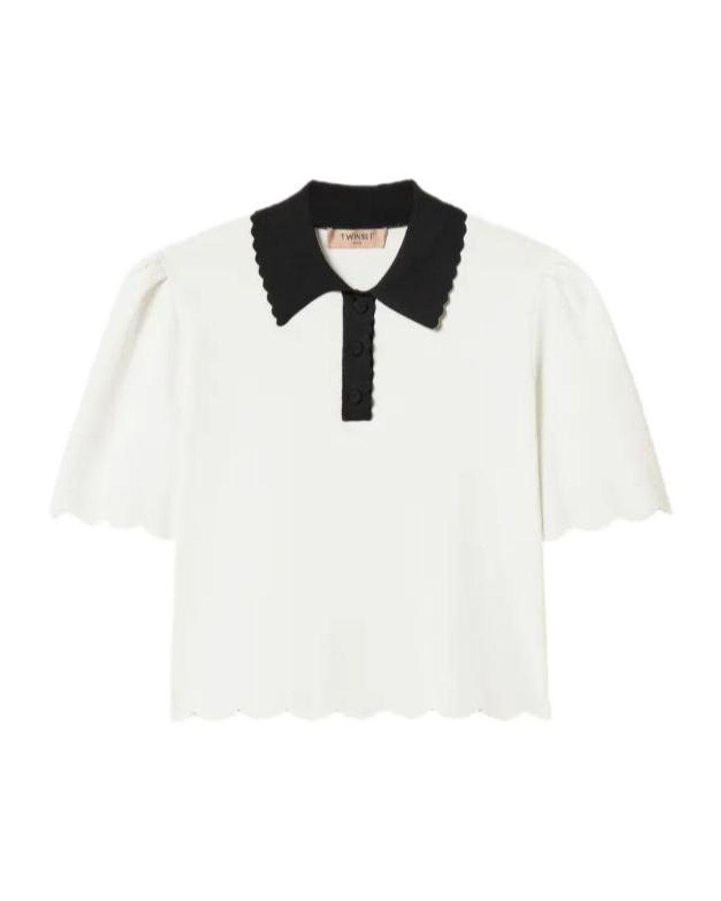 Twinset White Scalloped-Trim Knitted Polo Shirt