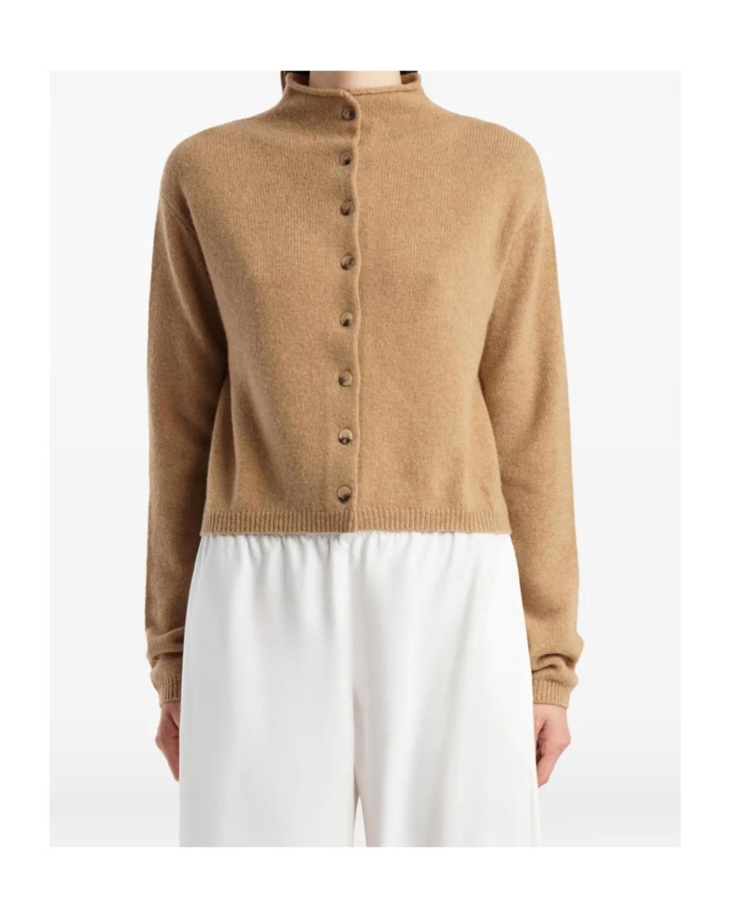 Khaite Natural Annora Funnel-Neck Wool-Cashmere Cardigan