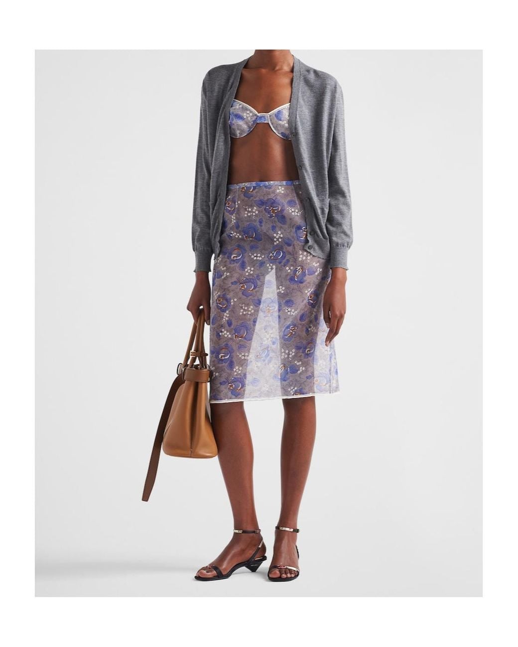 Prada Blue Nylonette Floral Print Midi Skirt