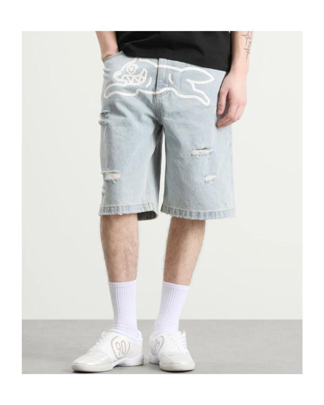 ICECREAM Blue Running Dog Distressed Denim Shorts for men