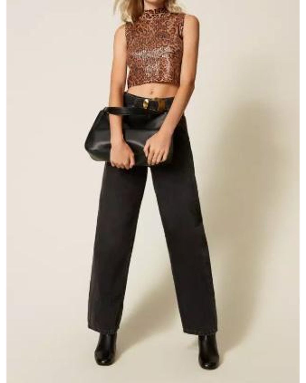 Twinset Brown Leopard-Print Sequin-Embellished Top