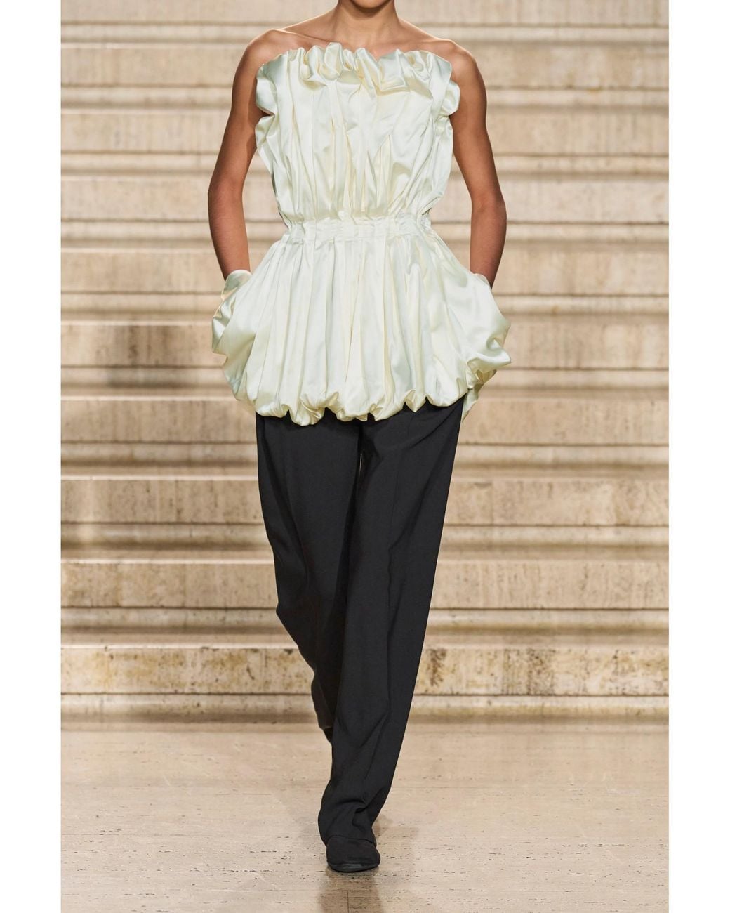 TOVE Metallic Strapless Gathered Satin Top