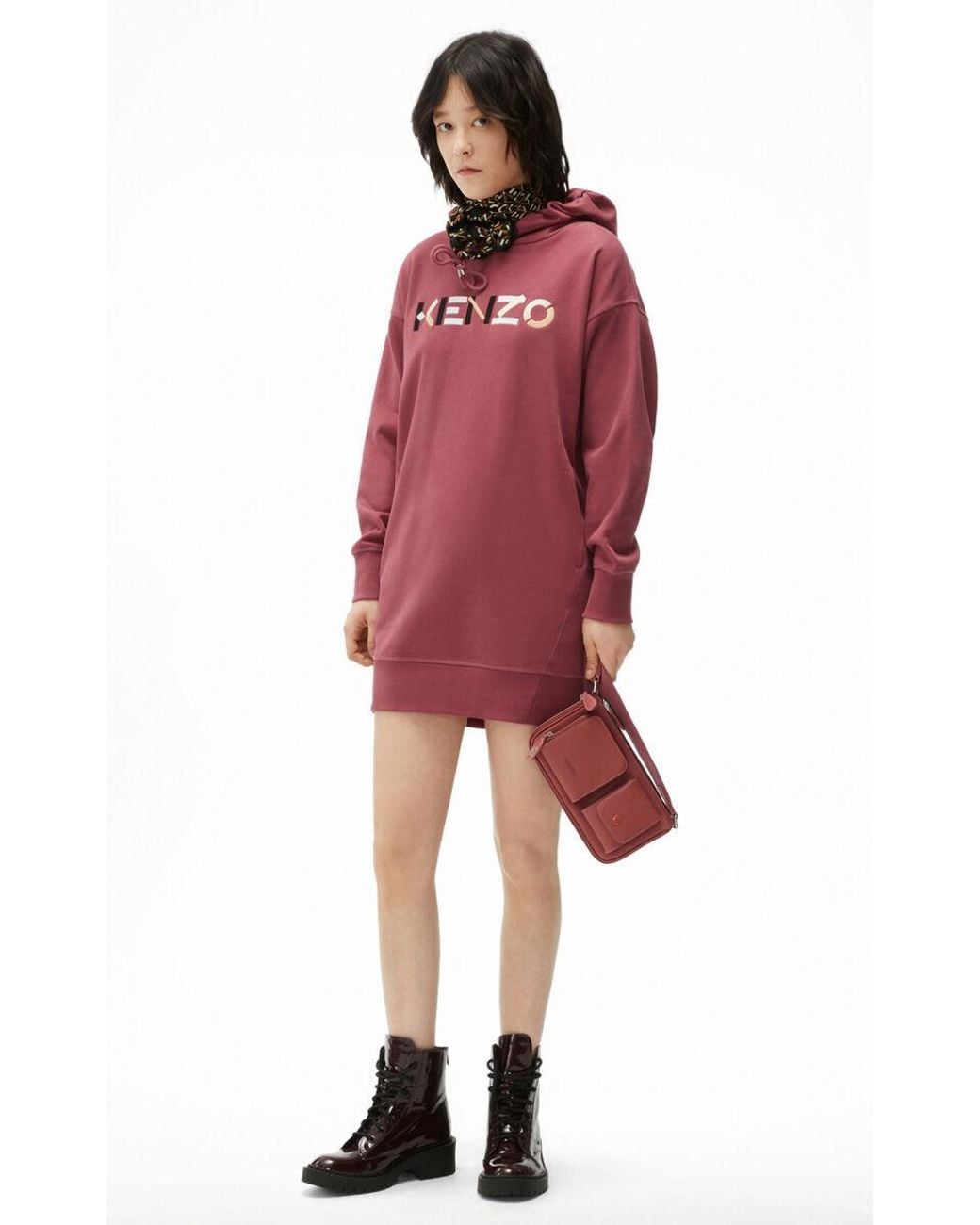 KENZO Red Logo Drawstring Sweatshirt Dress
