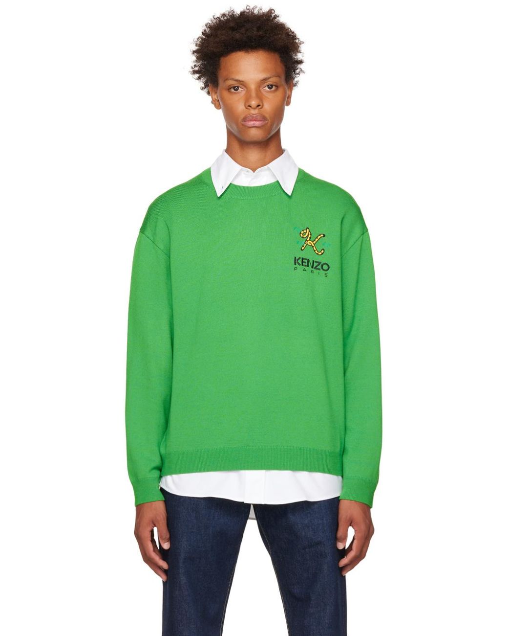 KENZO Green Logo Embroidered Crewneck Sweater for men