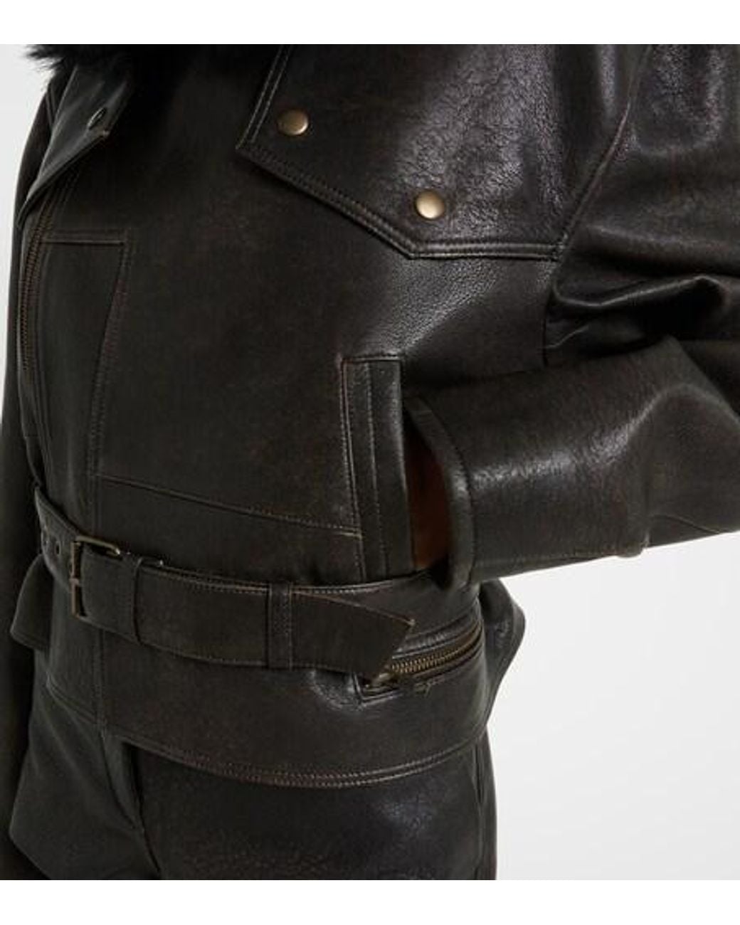 Alex Perry Black Shearling-Trimmed Cropped Leather Biker Jacket
