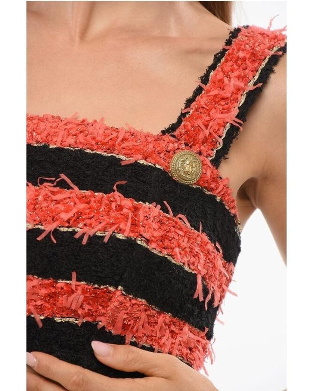 Balmain Black Striped-Pattern Tweed Top