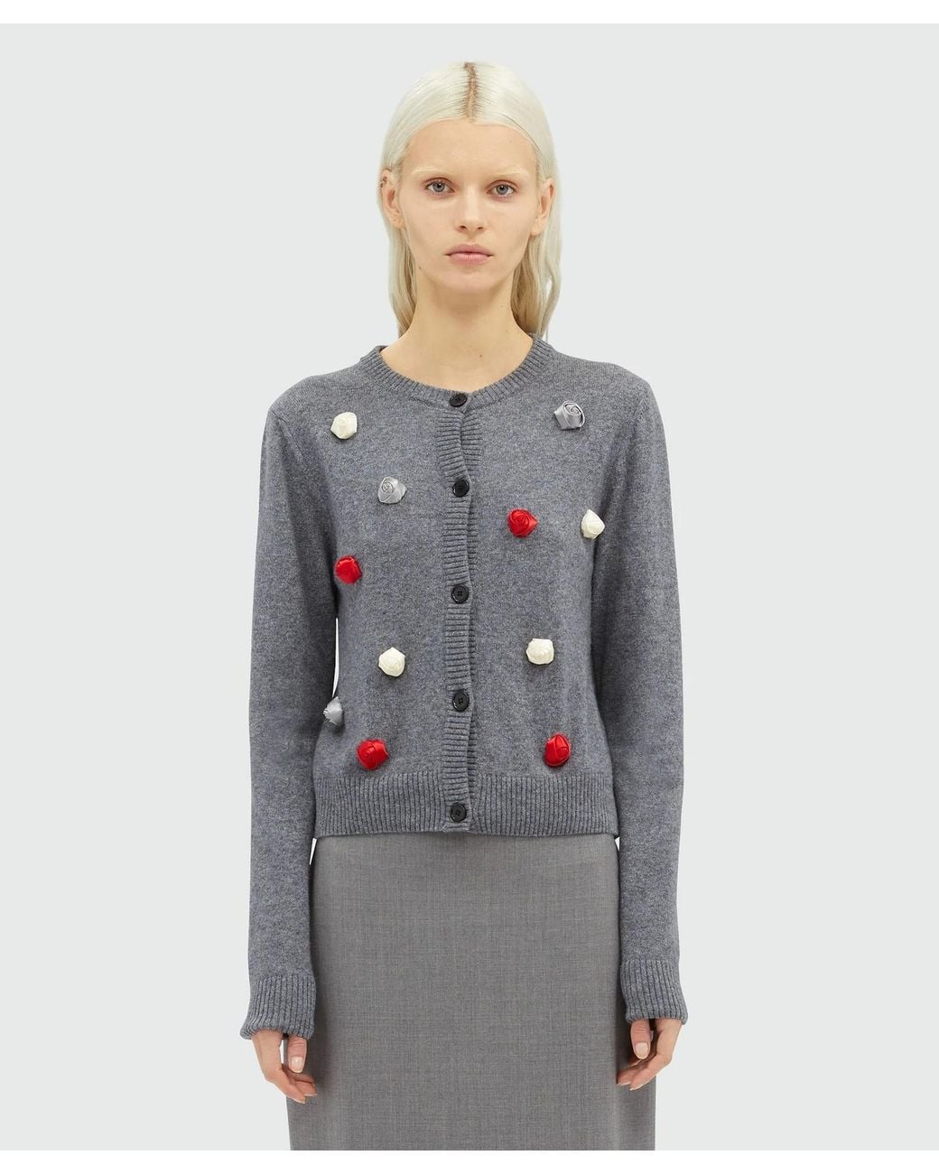 MSGM Gray Rose-Appliqué Knitted Cardigan