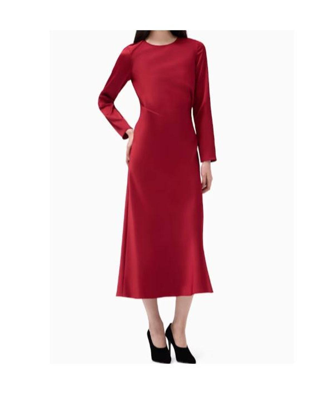 Emporio Armani Red Satin-Finish Long-Sleeve Midi Dress