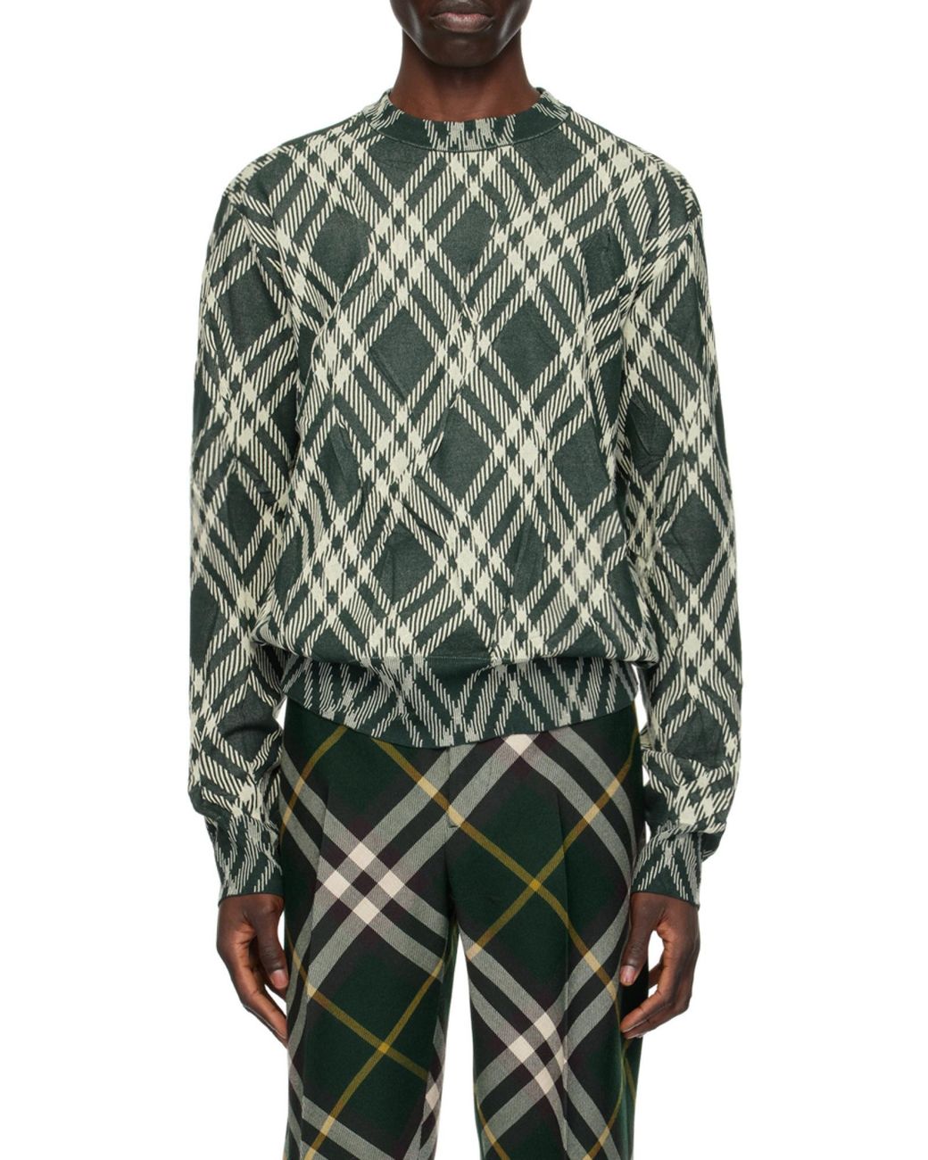 Burberry Green Checked Crewneck Knitted Jumper for men