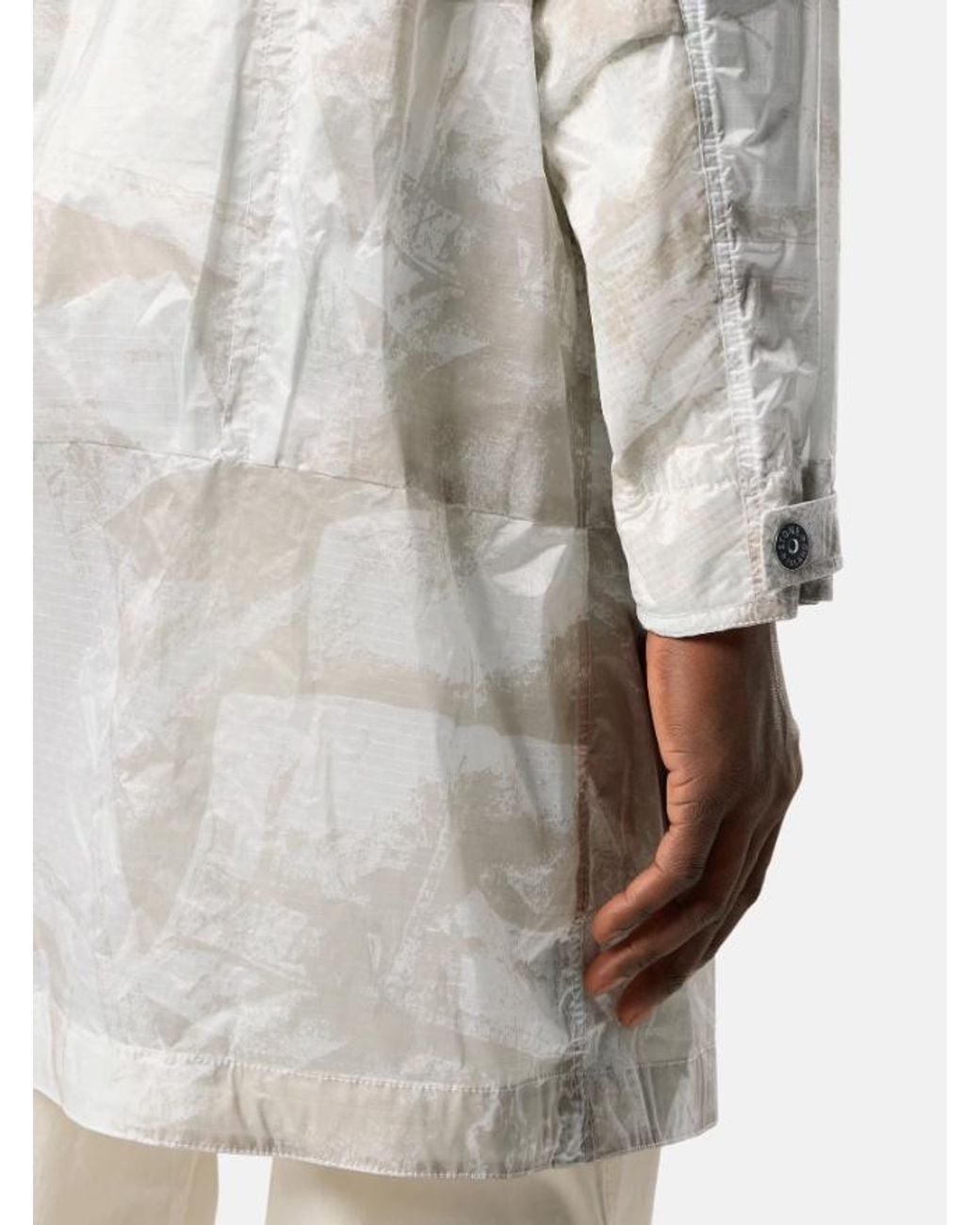 Stone Island White Camouflage Printed Hooded Coat for men