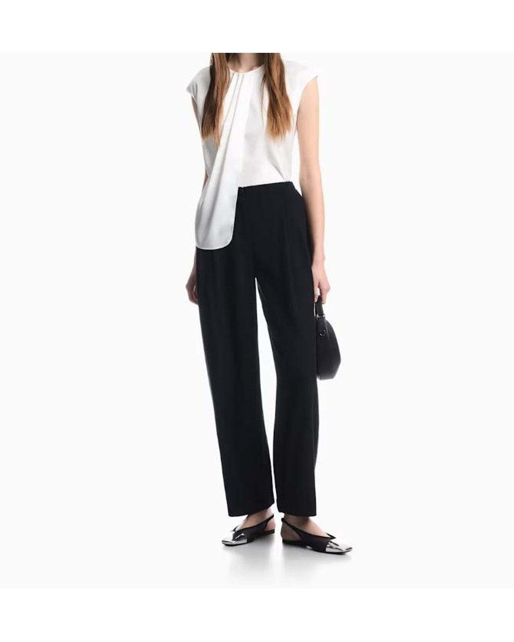 Emporio Armani White Crewneck Pleated Cap-Sleeved Blouse
