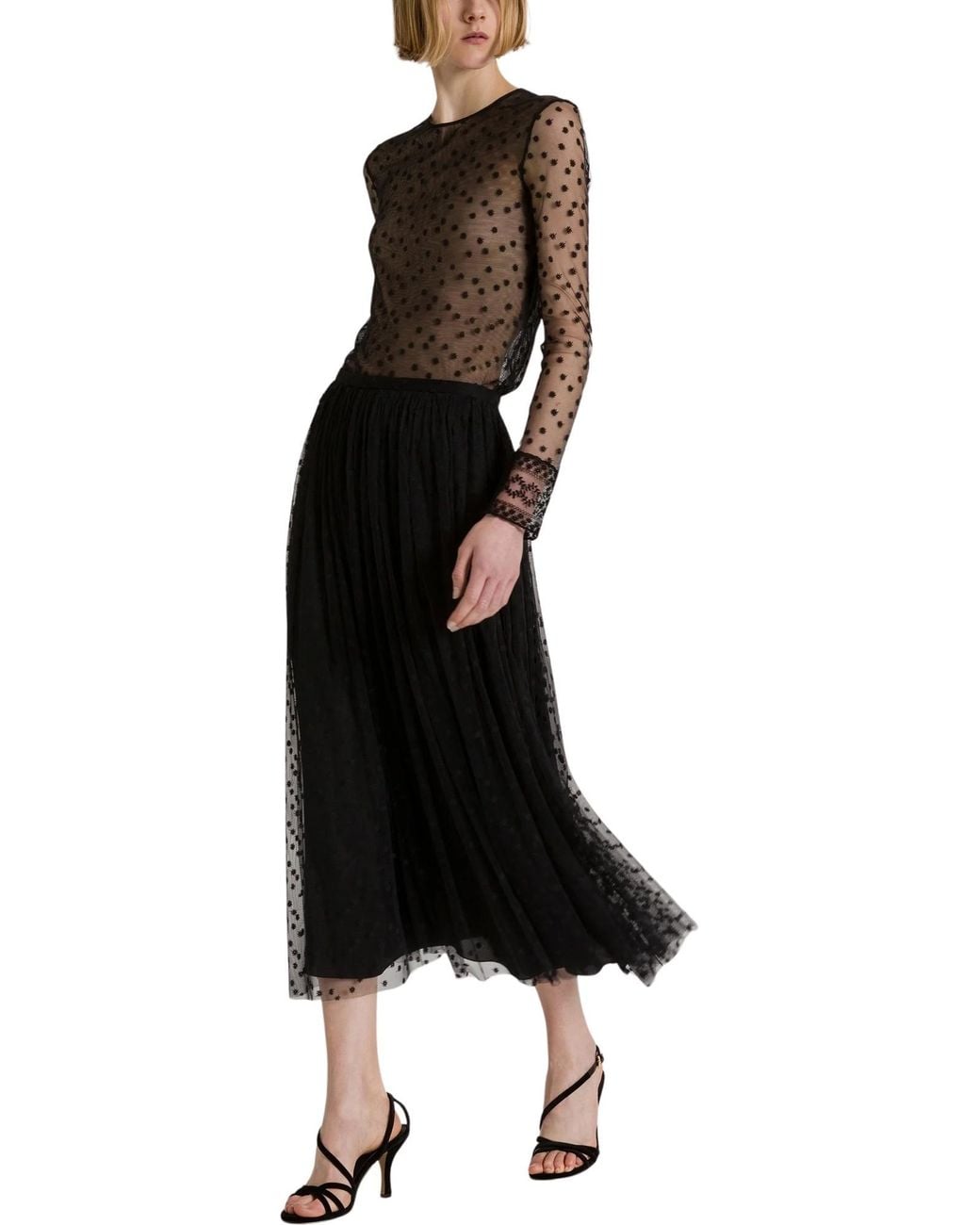 Alberta Ferretti Black Sheer Dotted Lace Trim Top