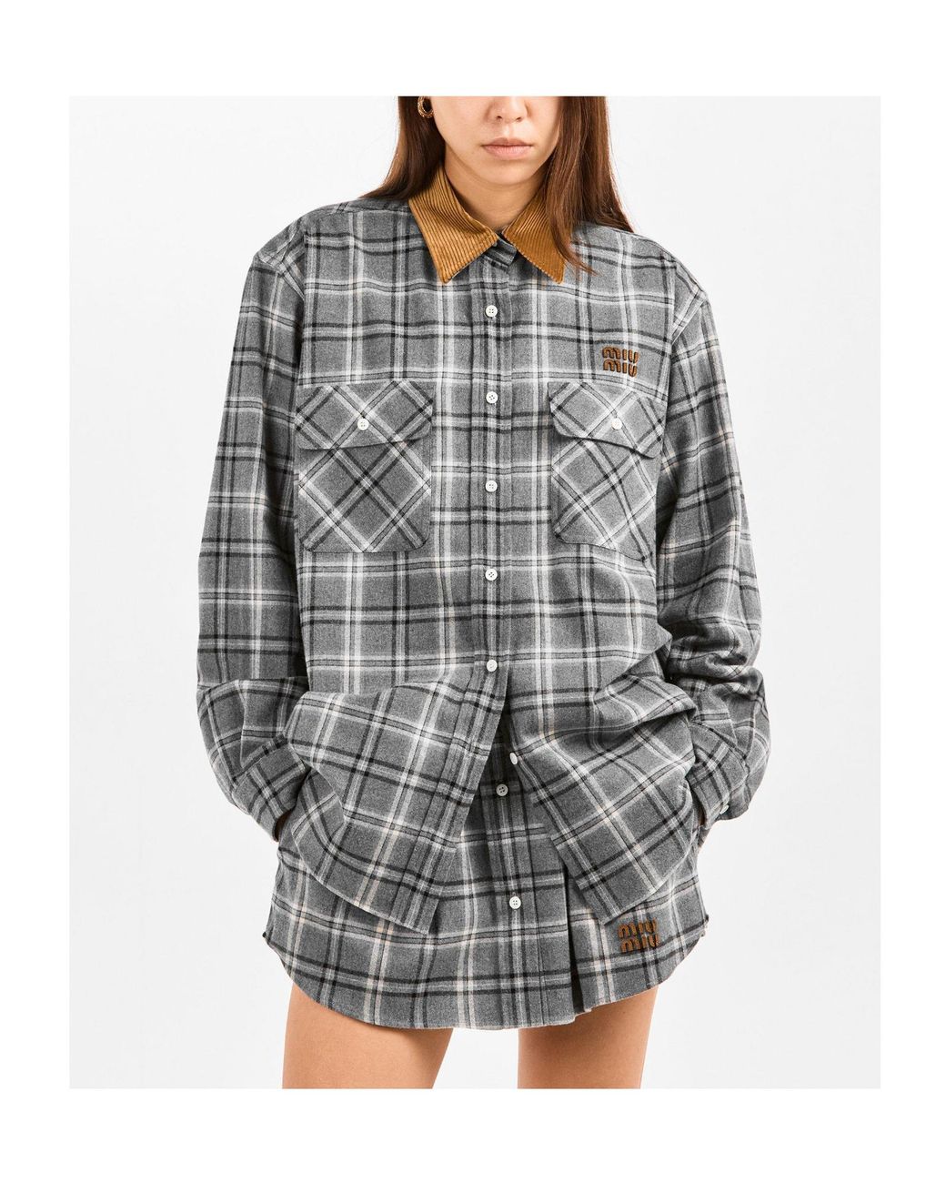 Miu Miu Gray Plaid Long Sleeve Shirt