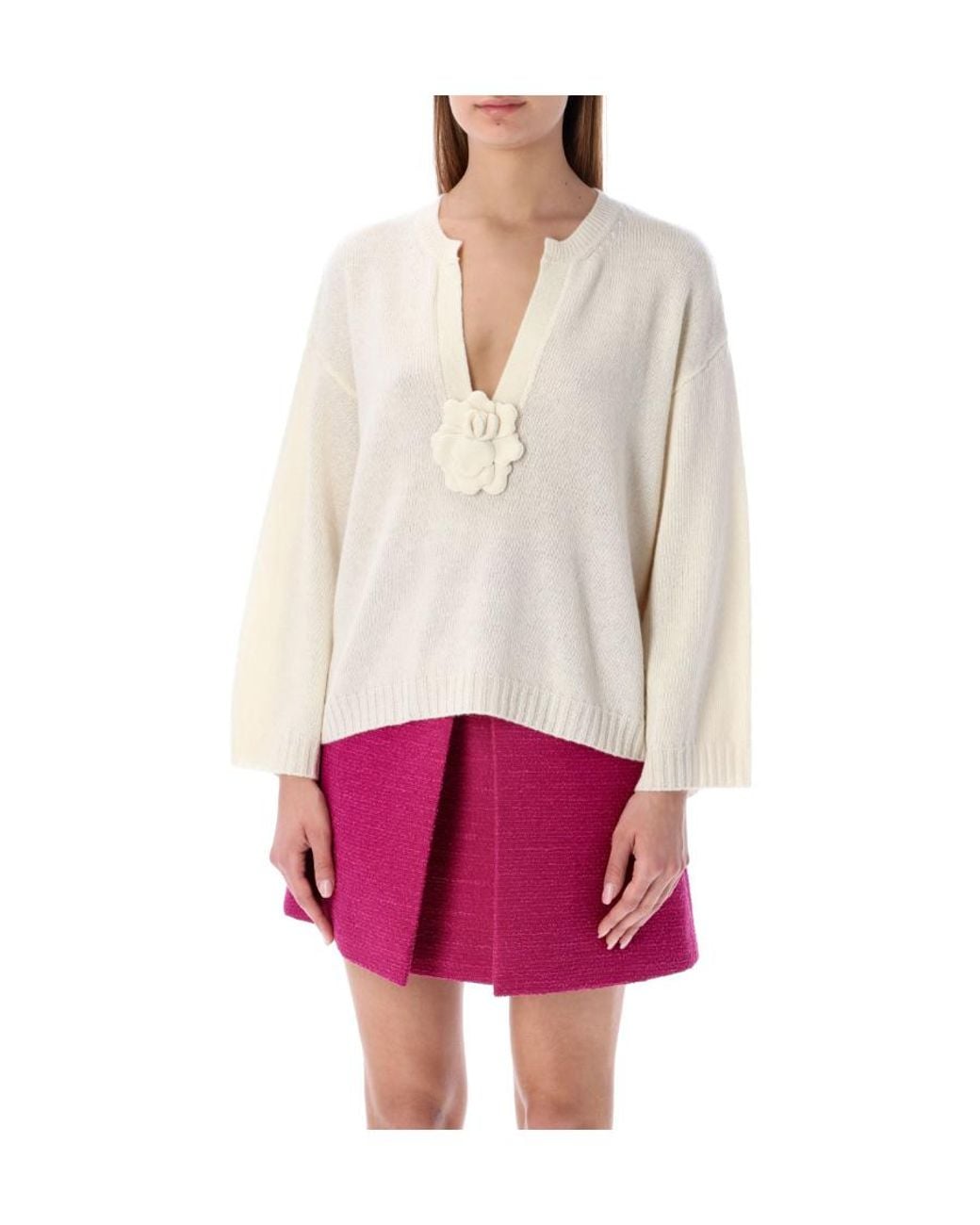 Valentino Pink Flower Embellished V-Neck Sweater