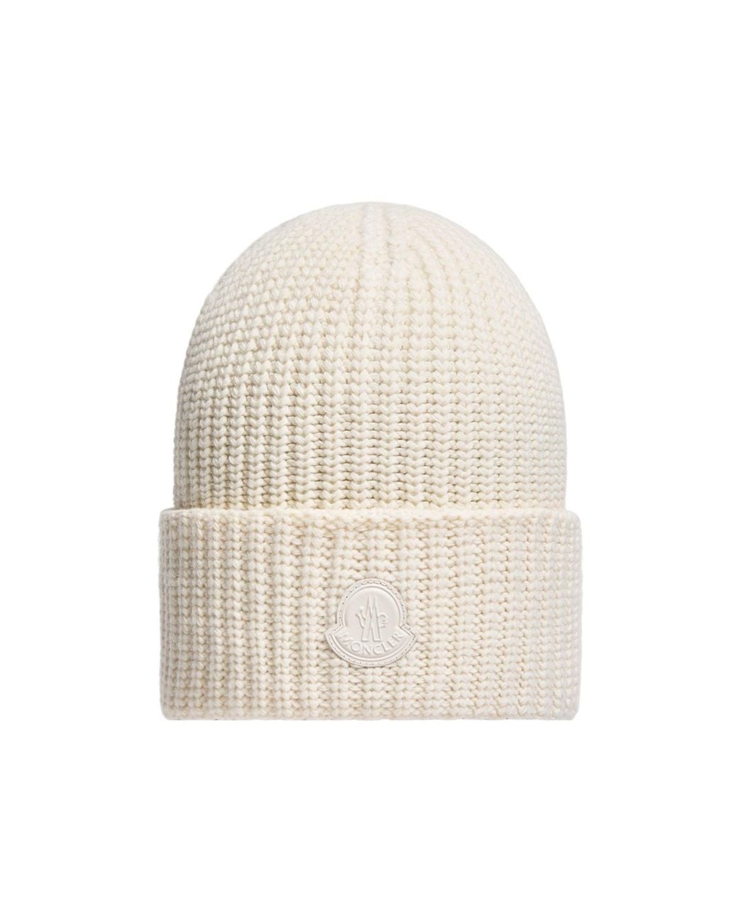 Moncler White Logo Patch Knitted Beanie