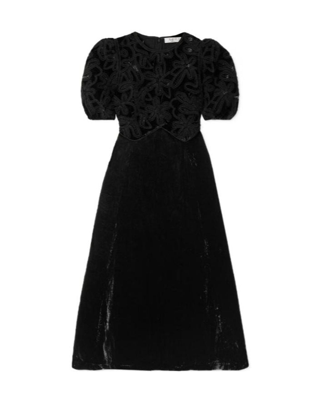 Sea Black Alice Embroidered Lace-Trimmed Velvet Midi Dress