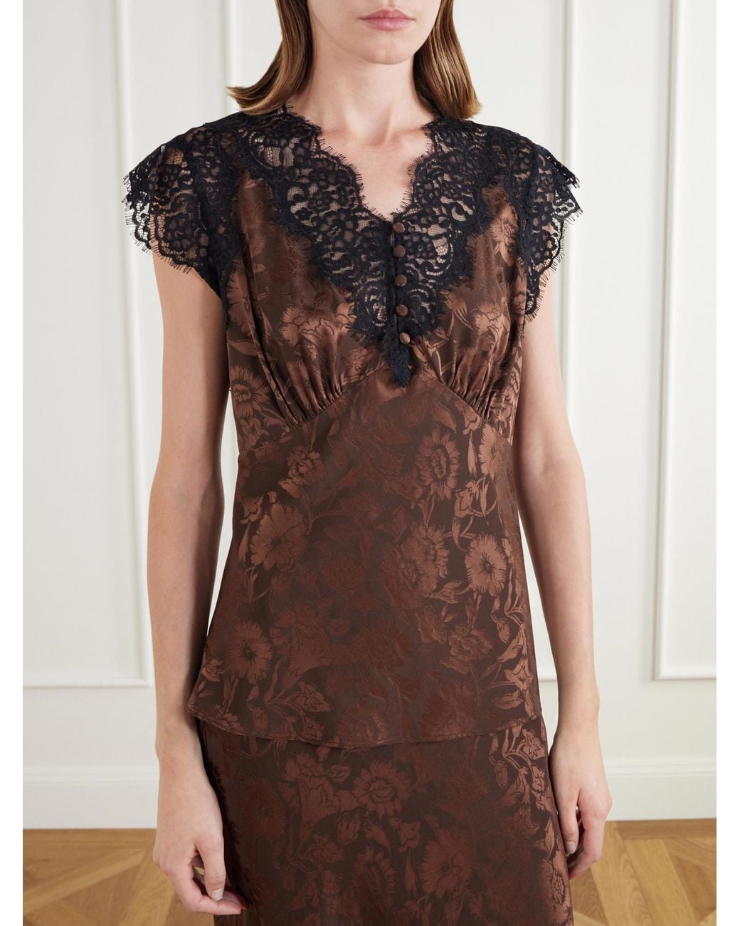 Veronica Beard Brown Lace-Trimmed Floral-Jacquard Silk-Blend Satin Blouse