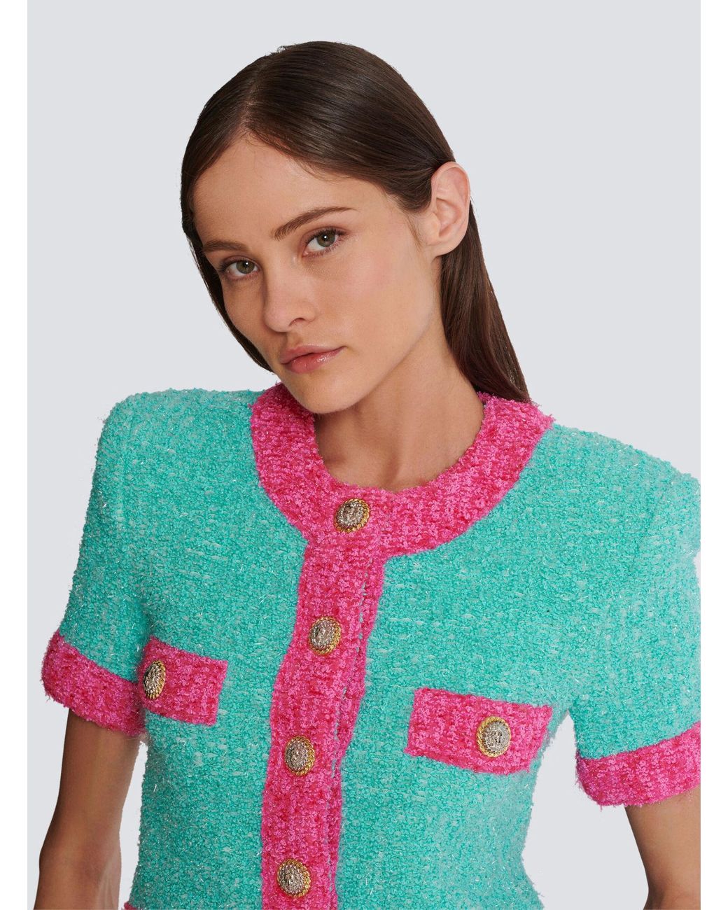 Balmain Pink Two-Tone Cropped Knit Cardigan