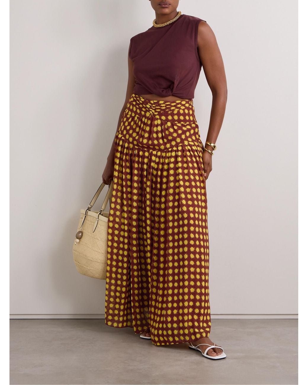 Diane von Furstenberg Brown Amira Gathered Printed Recycled-Chiffon Maxi Skirt