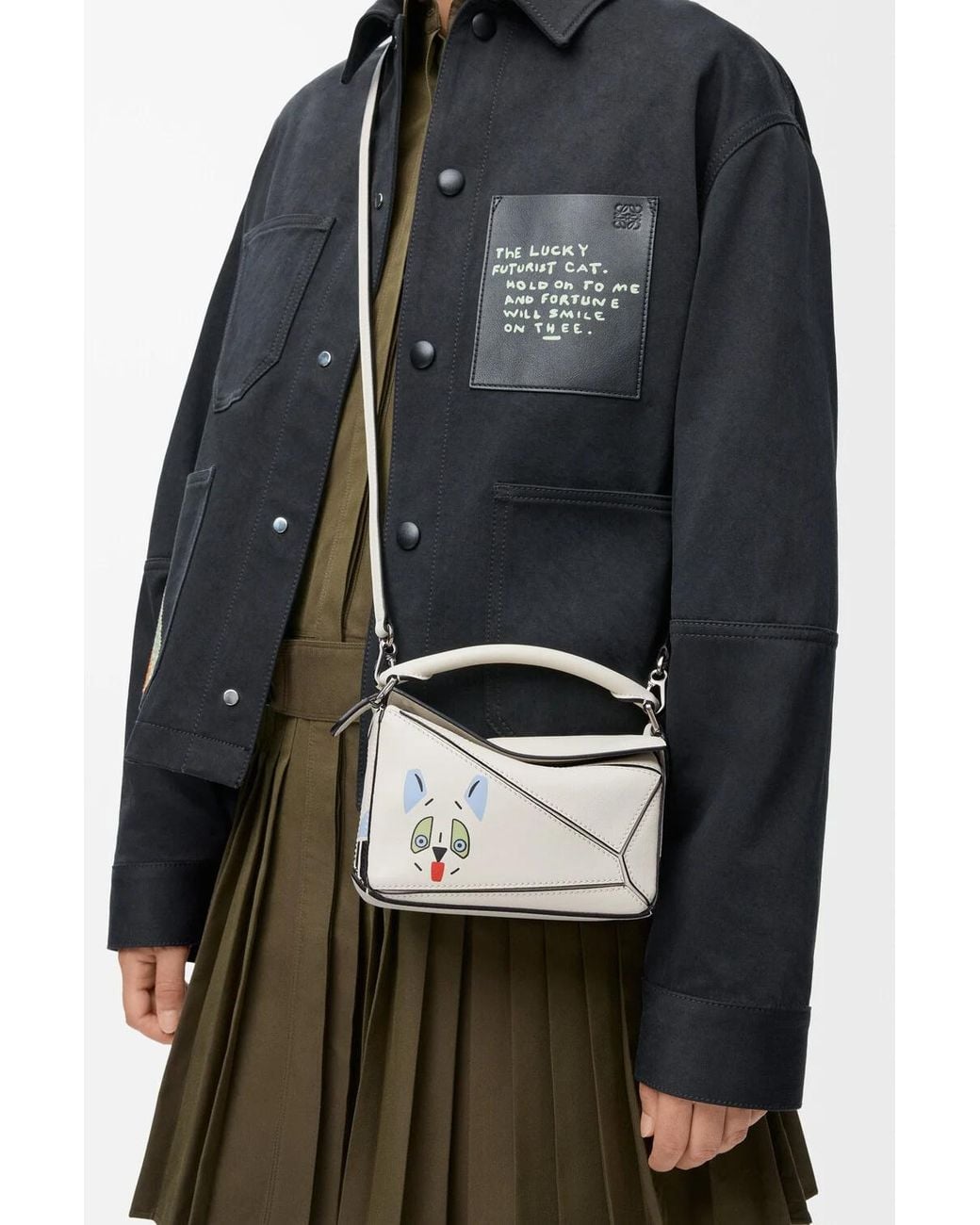 Loewe White Mini Puzzle Futurist Cat Tote Bag