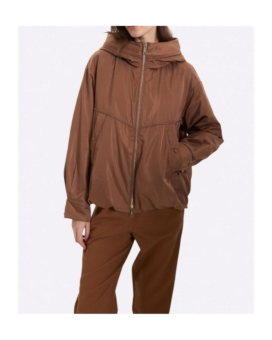 Marella Brown Zip-Up Hooded Casual Jacket