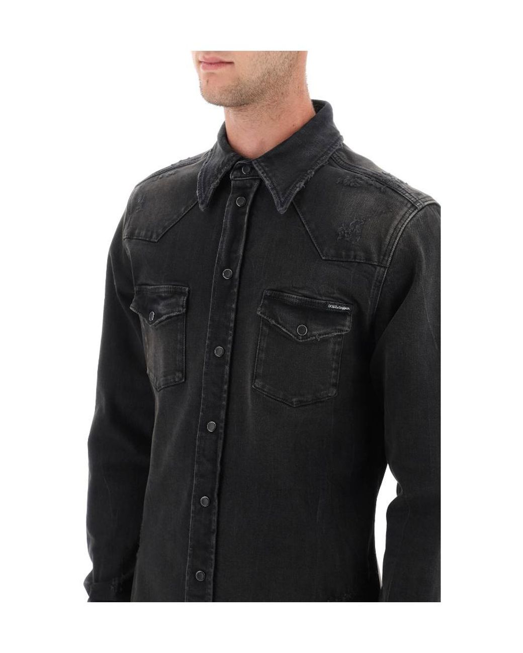 Dolce & Gabbana Black Distressed Denim Buttoned Shirt for men