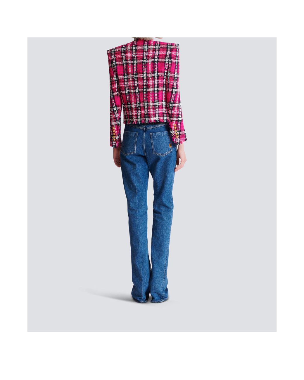 Balmain Pink Glitter Plaid Tweed Cropped Jacket