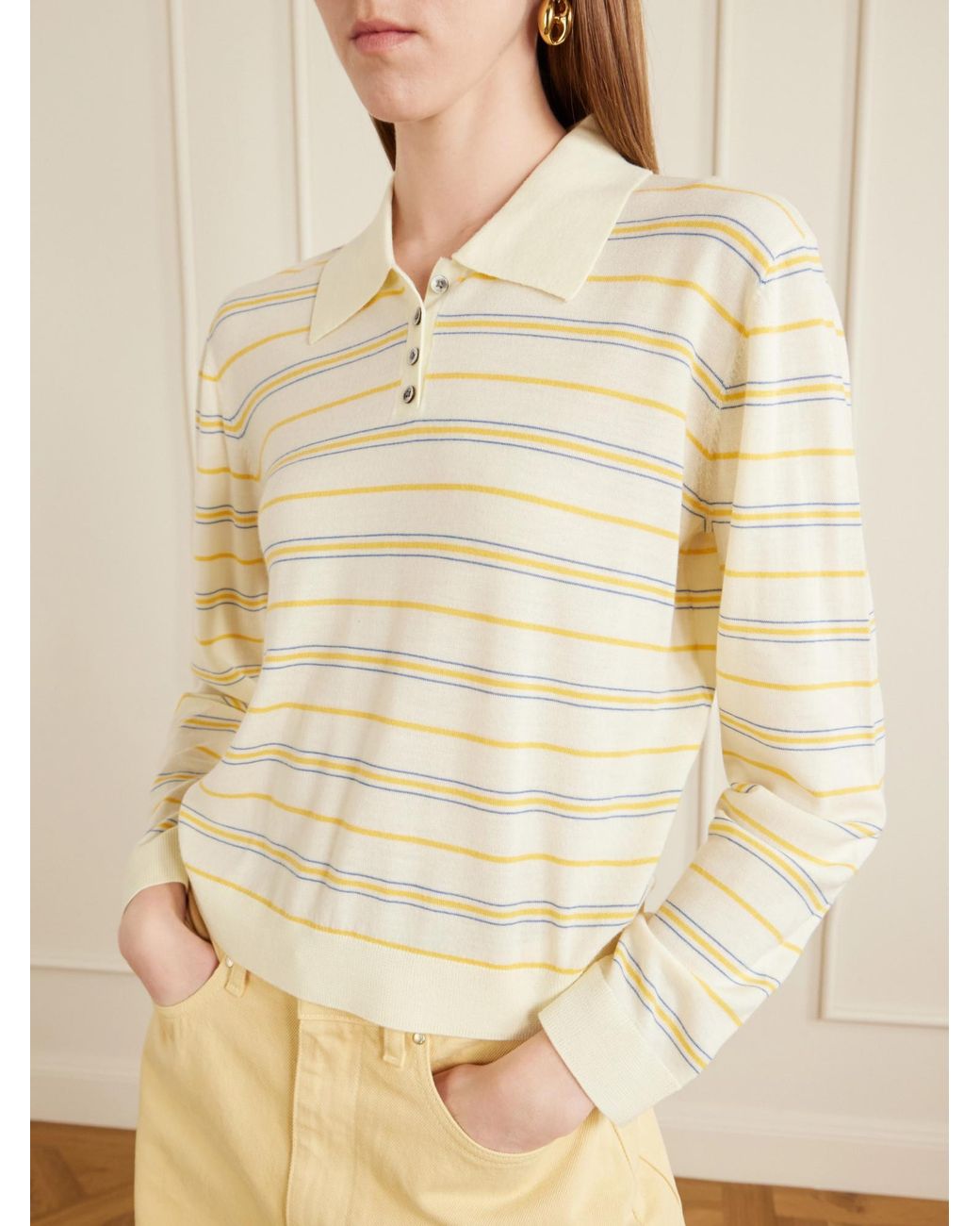 Leset White James Striped Merino Wool Polo Shirt