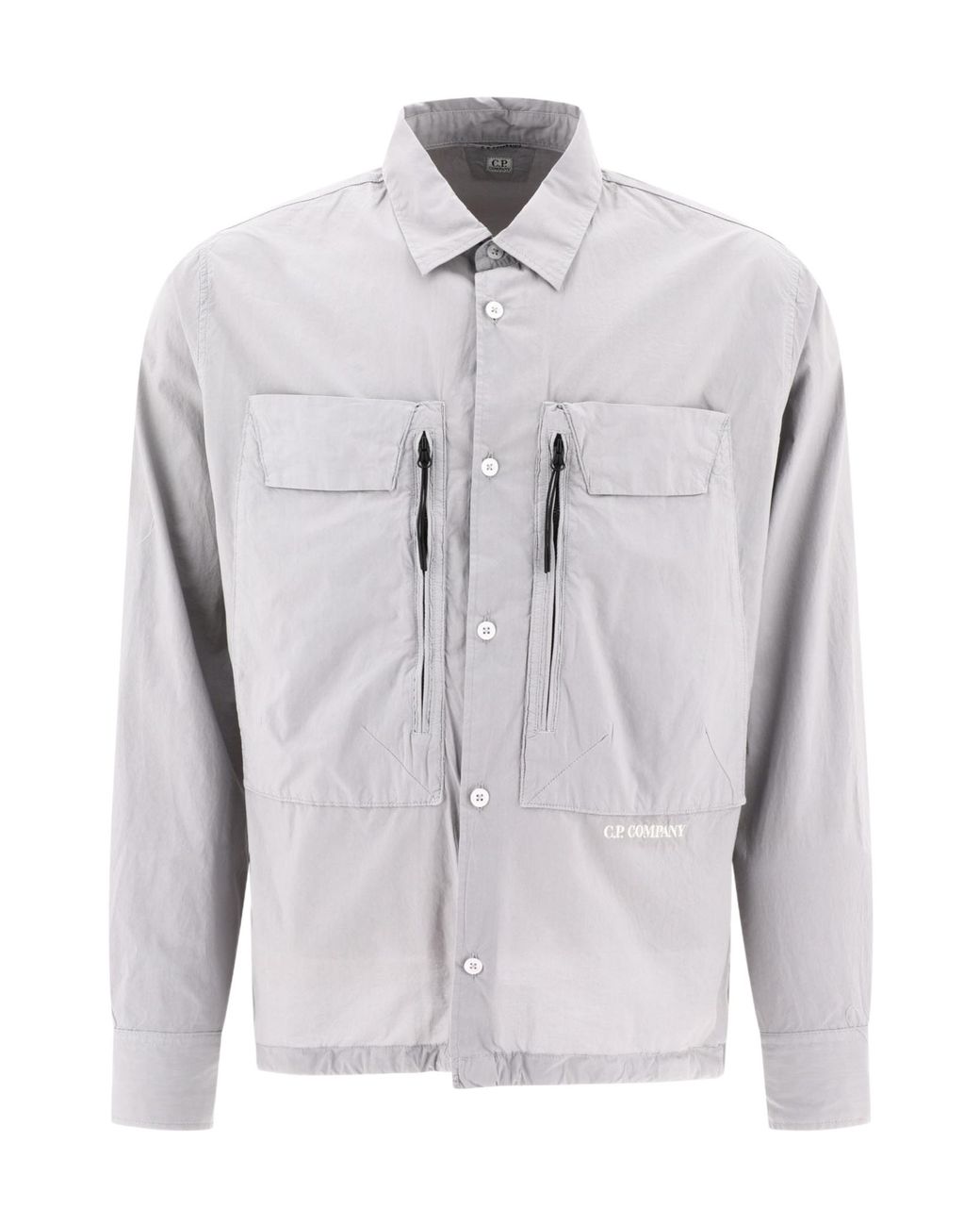 C P Company Gray Embroidered-Logo Poplin Shirt for men