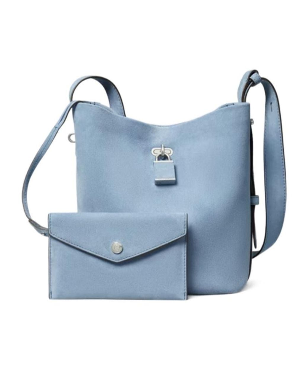 Tory Burch Blue Medium Lock Suede Slim Bucket Bag