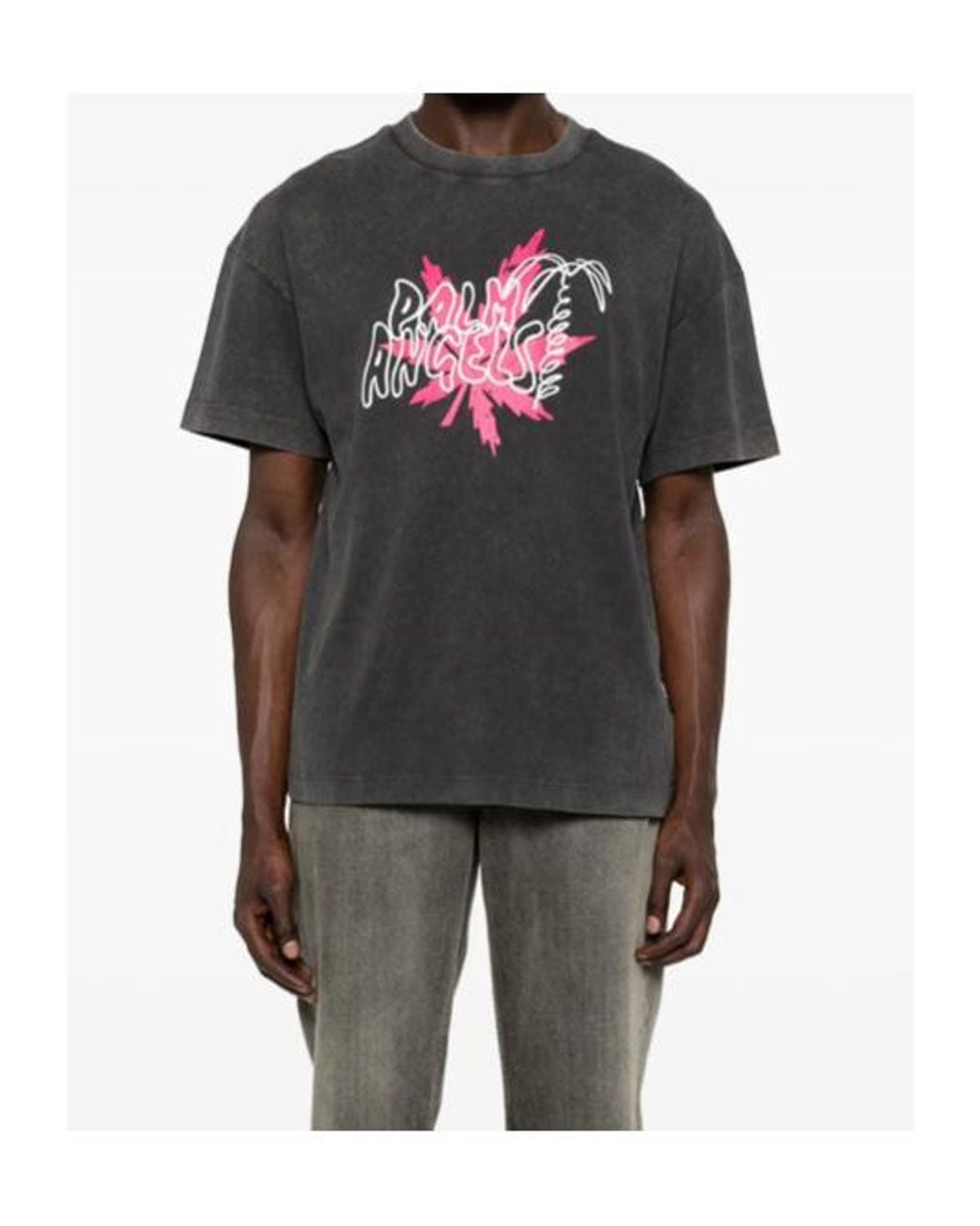 Palm Angels Gray Logo-Print Faded-Effect T-Shirt for men