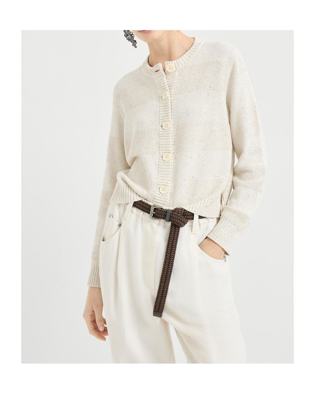 Brunello Cucinelli White Textured Stripe Cardigan