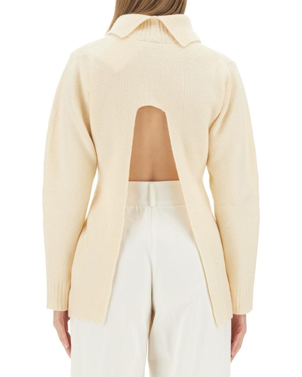 Jil Sander White Back Cut-Out Turtleneck Knit Sweater