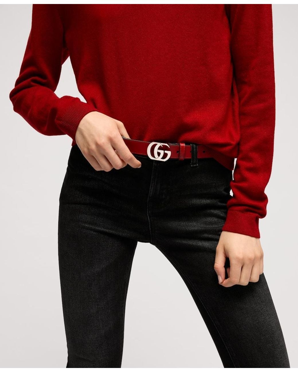 Gucci Red Thin Belt With Double G Buckle