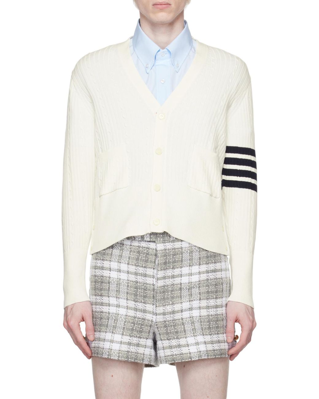 Thom Browne White 4-Bar Stripe Cable Knit Cardigan for men
