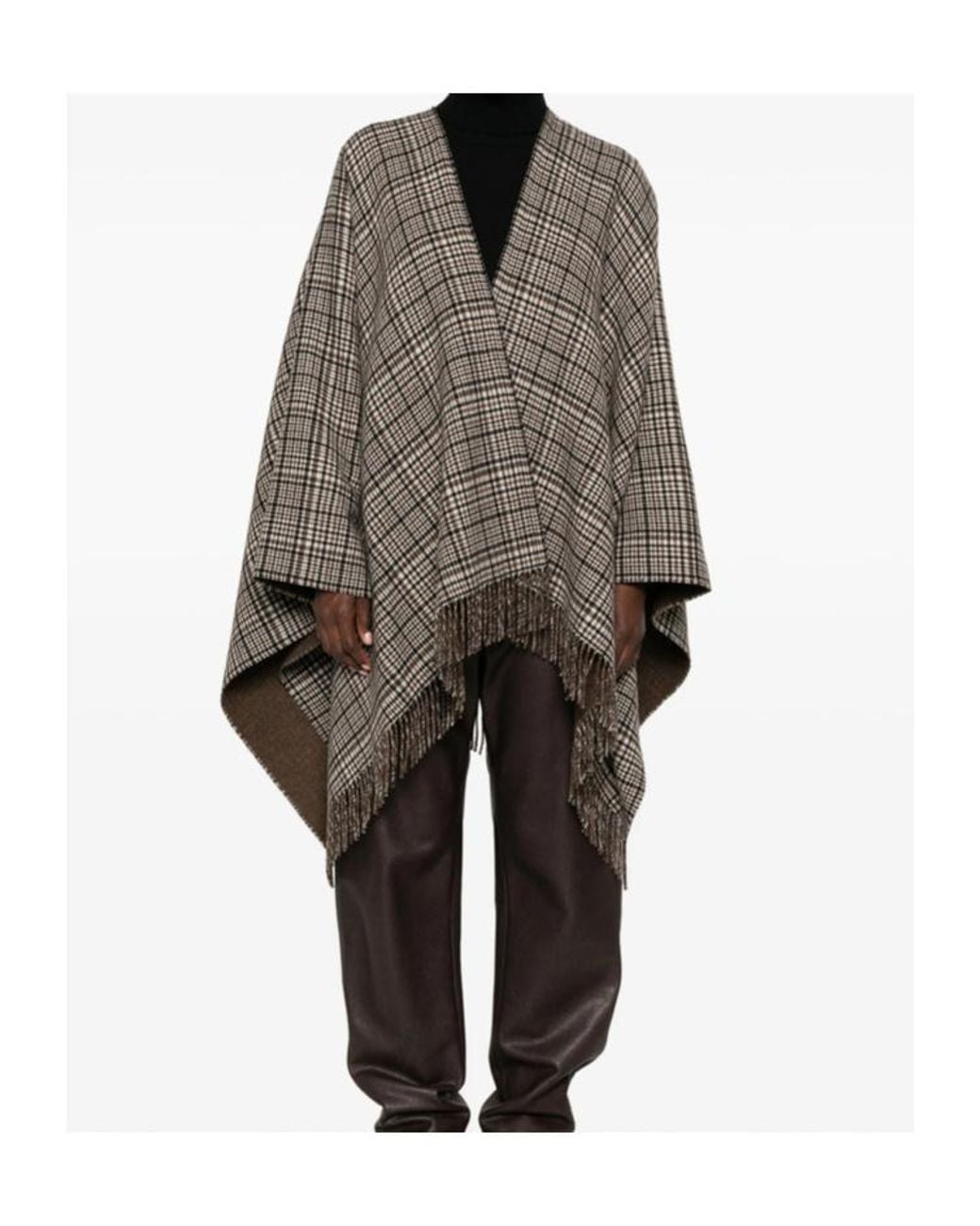 Brunello Cucinelli Gray Check-Pattern Fringed Poncho