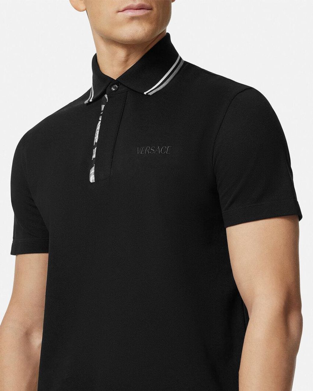 Versace Black Barocco Embroidered Short-Sleeved Polo Shirt for men
