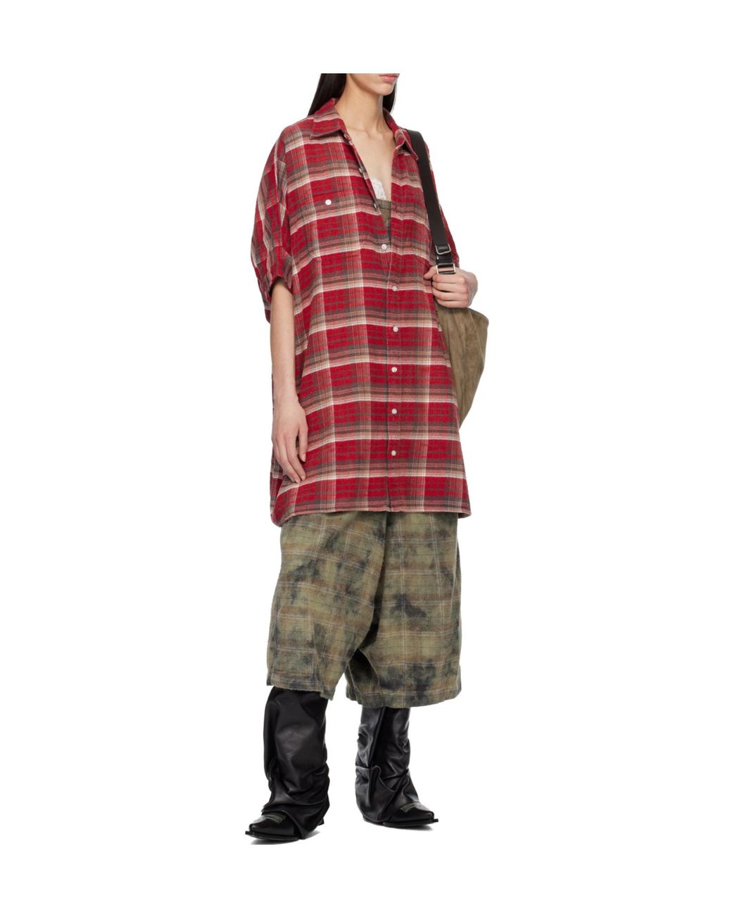 R13 Red Plaid Mini Shirt Dress