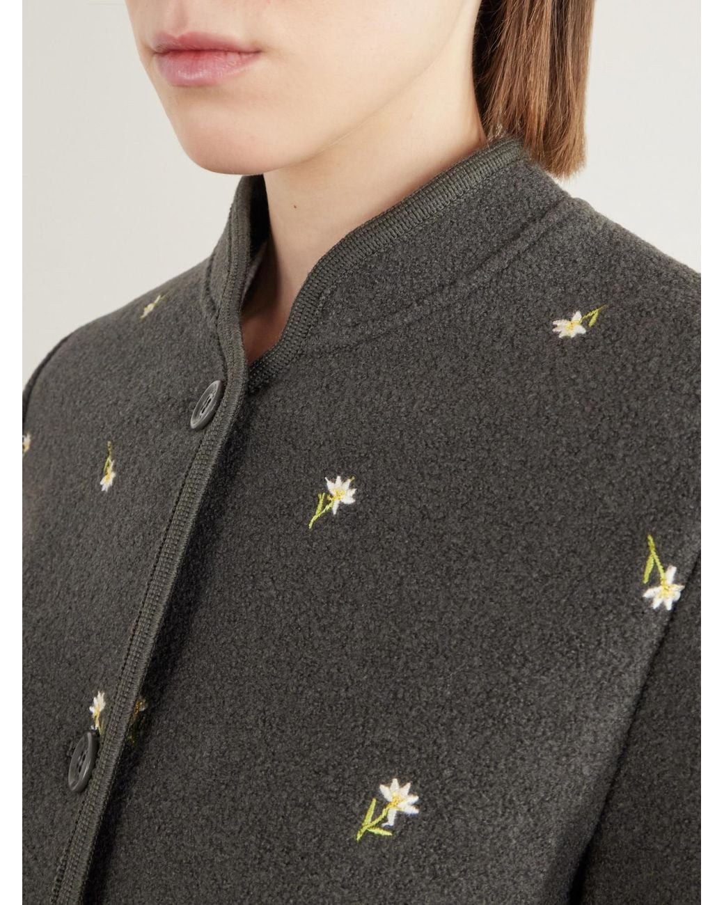 Rier Black Floral-Embroidered Felted Wool-Fleece Jacket