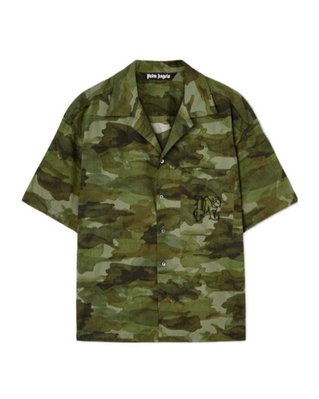 Palm Angels Green Camouflage Printed Short Sleeved Shirt for men