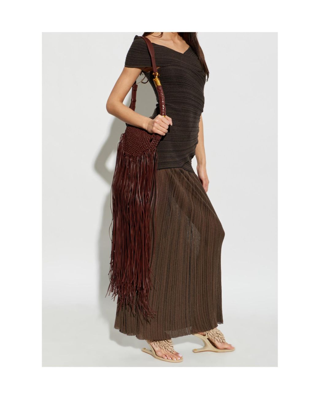 Balmain Brown Draped Off-Shoulder Dress
