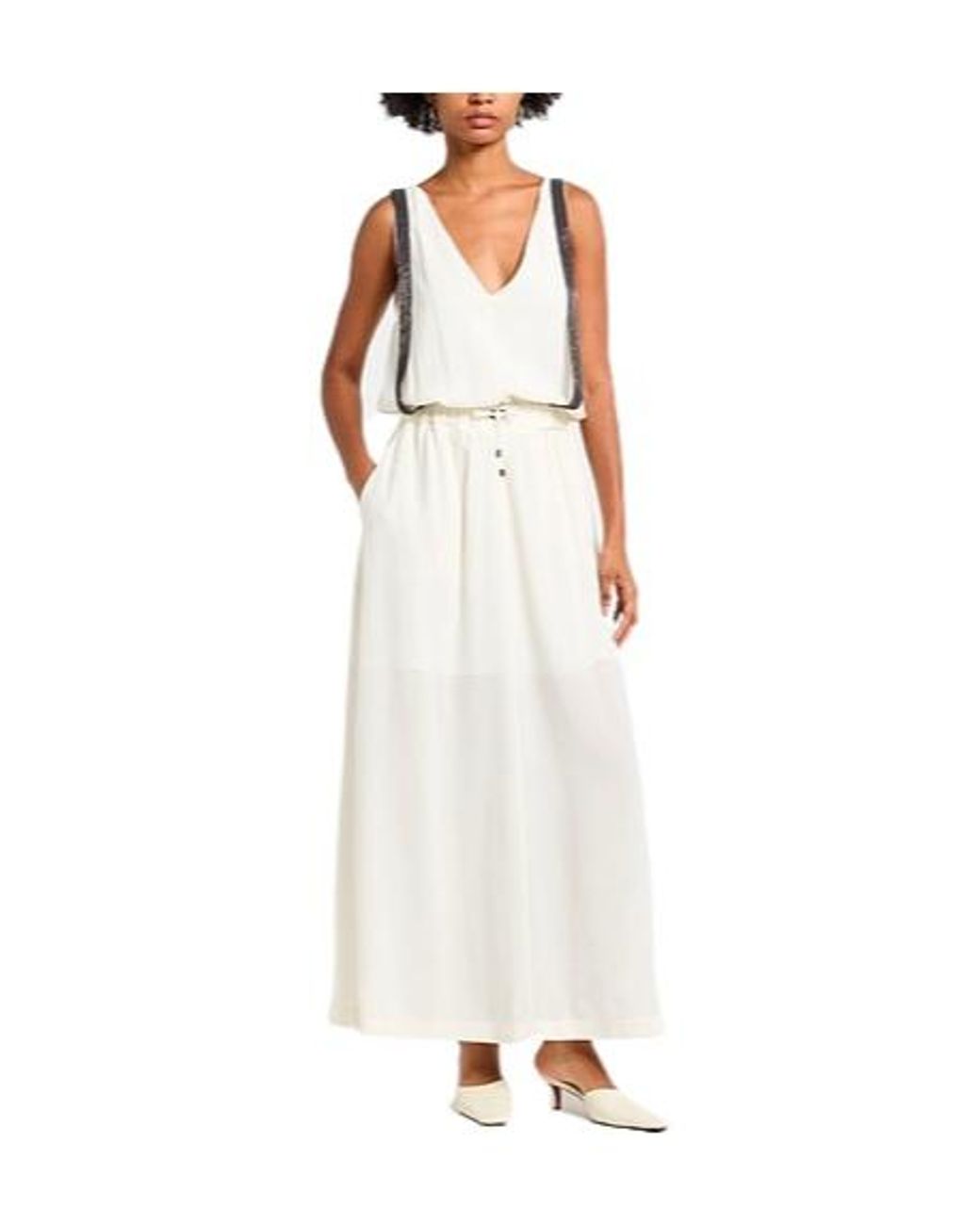 Brunello Cucinelli White Sleeveless V-Neck Dress